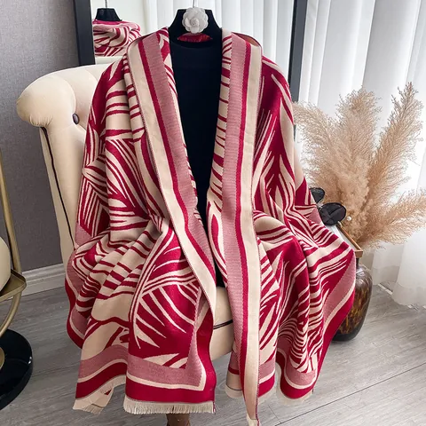 Sciarpa in Finto Cashmere Elegante da Donna Scialle Invernale Caldo Spesso Con Nappe Motivo a Foglia di Palma Avvolgente Grande Moda
