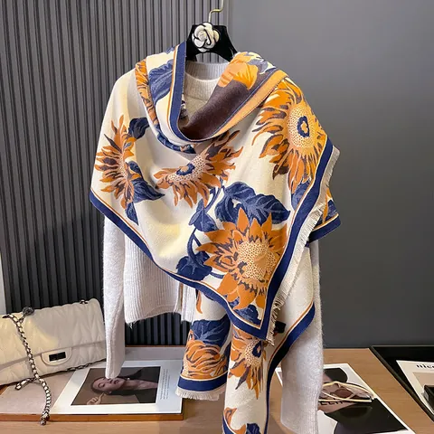 Bufanda de Jacquard de Girasol para Mujer Chal de Imitación Cachemira Suave Pashmina Floral con Borla Manta Decorativa Invierno