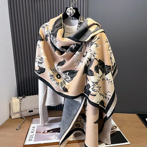 Bufanda de Jacquard de Girasol para Mujer Chal de Imitación Cachemira Suave Pashmina Floral con Borla Manta Decorativa Invierno