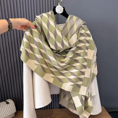 Women Vintage Geometric Rhombus Pattern Scarf Thick Warm Imitation Cashmere Feel Wrap With Tassel Fringe Autumn Winter Accessory