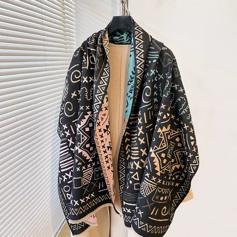 Damen Ethno Geometrisches Muster Kaschmir-ähnlich Schal Bohemian Tribal Quaste Großes Schultertuch Wrap Für Winter Warm Mode