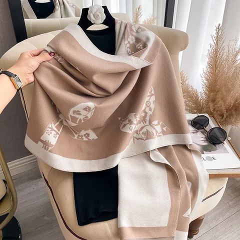 Women Double Sided Flower Butterfly Print Faux Cashmere Scarf Large Thick Warm Shawl With Tassel Fringe For Winter Office Daily Wrap