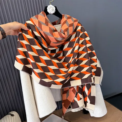 Women Vintage Geometric Rhombus Pattern Scarf Thick Warm Imitation Cashmere Feel Wrap With Tassel Fringe Autumn Winter Accessory