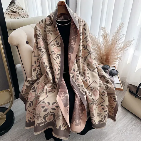 Sciarpa Donna Retrò Etnica Motivo Floreale Imitazione Cashmere Grande Scialle Avvolgente Con Nappine Inverno Caldo Morbido Pashmina