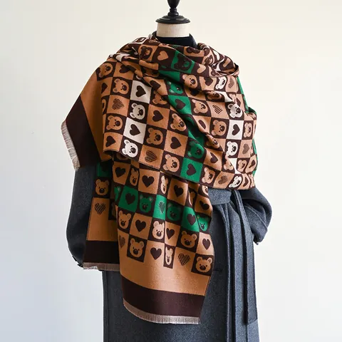 Women Winter Warm Imitation Cashmere Scarf Shawl Cartoon Bear Heart Checkerboard Pattern Tassel Scarf For Daily Wear Lady Fashion Accessories