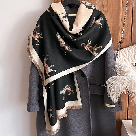 Sciarpa Doppia Faccia in Imitazione Cashmere Leopardo Con Frange Colore a Contrasto Inverno Caldo Scialle Donna Stile Vintage