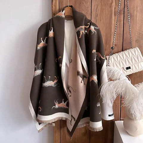 Sciarpa Doppia Faccia in Imitazione Cashmere Leopardo Con Frange Colore a Contrasto Inverno Caldo Scialle Donna Stile Vintage