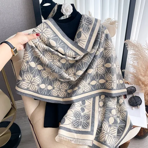Bufanda de Invierno para Mujer Jacquard Geométrico Chal Grueso Cálido Suave de Imitación de Cachemira Con Borlas para Viaje
