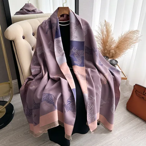 Women Zebra Print Color Block Scarf Winter Thickened Shawl Imitation Cashmere Tassel Warm Wrap Fashion Pashmina Cloak