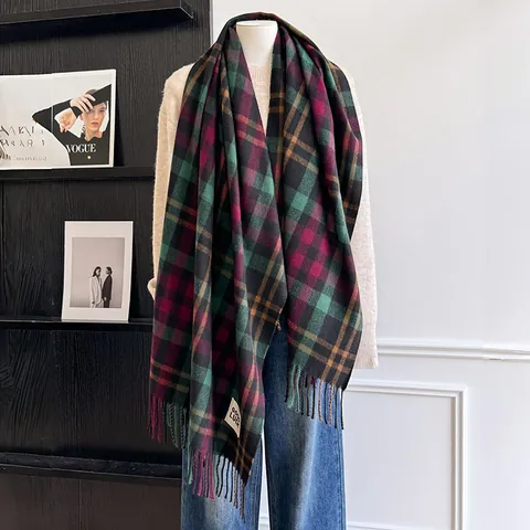 Women Fashion Plaid Scarf Classic Tassel Wrap Soft Imitation Cashmere Winter Warmer Long Pashmina Shawl Casual Daily Scarf