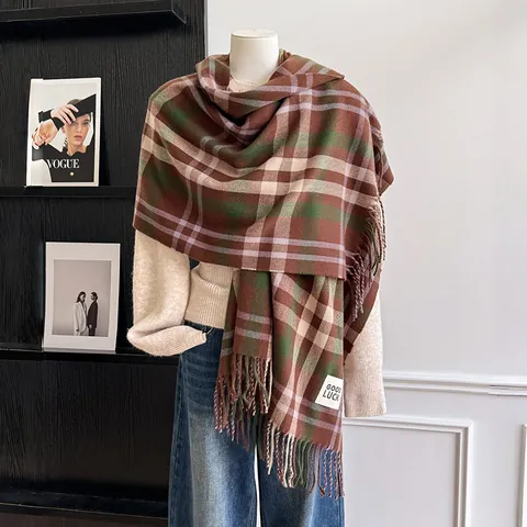 Women Fashion Plaid Scarf Classic Tassel Wrap Soft Imitation Cashmere Winter Warmer Long Pashmina Shawl Casual Daily Scarf