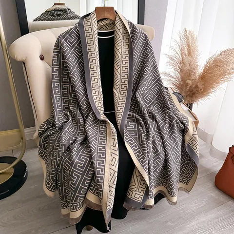 Sciarpa da Donna Effetto Cashmere Motivo Greco Geometrico Grande Scialle Nappa Tessuto a Ordito Caldo Involucro Invernale