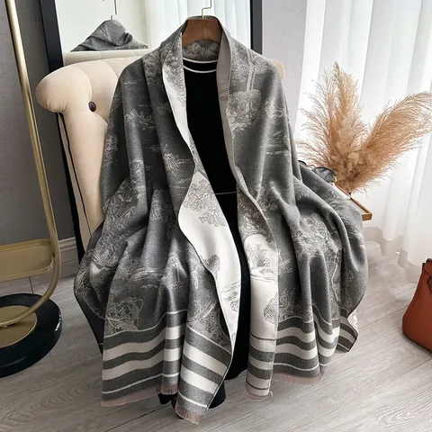 Vintage Toile De Jouy Landschaft Schal Doppelseitiger Druck Polyester Kaschmir-Imitat Schal Mit Fransen Warmer Winter Shawl