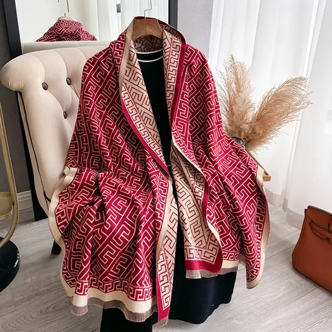 Sciarpa da Donna Effetto Cashmere Motivo Greco Geometrico Grande Scialle Nappa Tessuto a Ordito Caldo Involucro Invernale