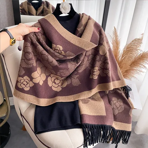 Women's Premium Camellia Pattern Cashmere-like Scarf With Tassels Thick Warm Double-Sided Winter Shawl Wrap For Ladies