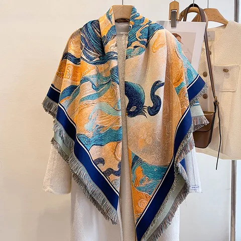 Women's Artistic Oil Painting Faux Cashmere Scarf Large Square Shawl Winter Warm Tassel Scarf Van Gogh Sunflower Print Scarf Thick Wrap