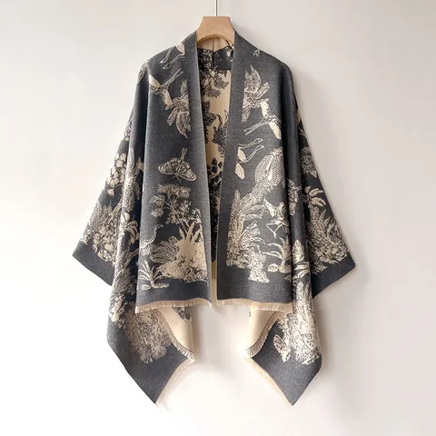 Women's Faux Cashmere Scarf Shawl Retro Jacquard Tassel Poncho Wrap Elegant Butterfly Floral Print Large Warm Pashmina For Travel Office