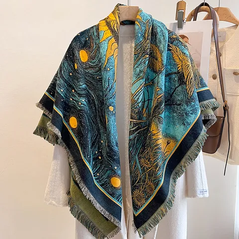 Women's Artistic Oil Painting Faux Cashmere Scarf Large Square Shawl Winter Warm Tassel Scarf Van Gogh Sunflower Print Scarf Thick Wrap