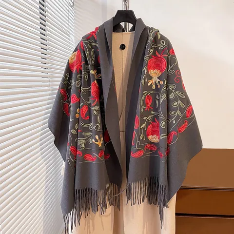 Vintage Damen Schal Aus Kaschmir-Imitat Mit Granatapfelblüten-Stickerei Und Langen Quasten Warmer Winterschal Damen Reise