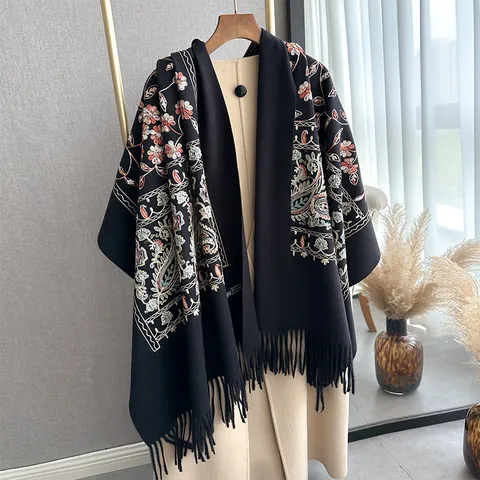Ethnic Embroidered Faux Cashmere Scarf For Women Vintage Floral Paisley Pattern Warm Winter Shawl With Long Tassels Wrap