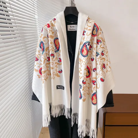 Sciarpa in Simil-Cashmere Ricamata in Stile Etnico Vintage per Donna Scialle Caldo con Nappine per Autunno Inverno Viaggi