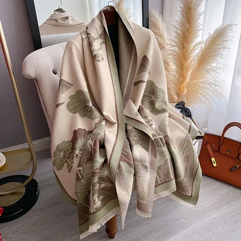 Women Chinese Ink Style Lotus Jacquard Scarf Thick Warm Imitation Cashmere Shawl With Tassels Elegant Winter Floral Scarf