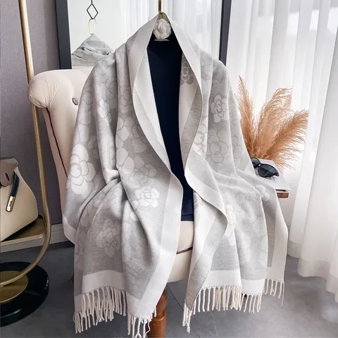 Women's Premium Camellia Pattern Cashmere-like Scarf With Tassels Thick Warm Double-Sided Winter Shawl Wrap For Ladies