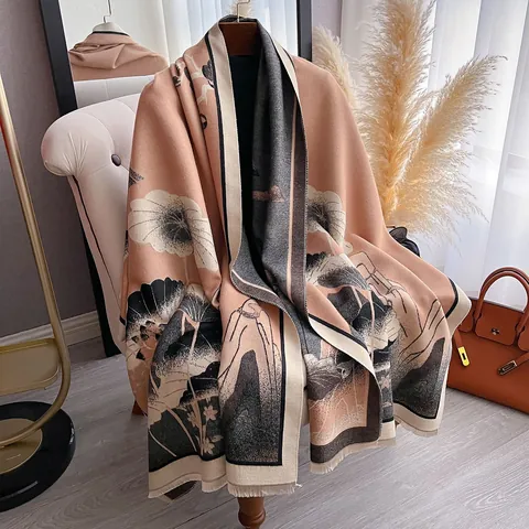 Women Chinese Ink Style Lotus Jacquard Scarf Thick Warm Imitation Cashmere Shawl With Tassels Elegant Winter Floral Scarf