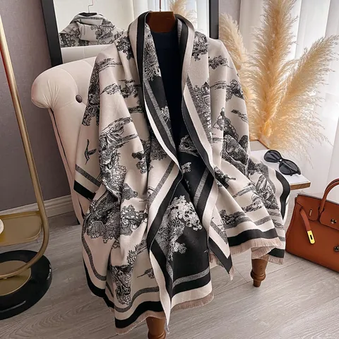 Vintage Toile De Jouy Landschaftsdruck Schal Damen Winter Warm Kaschmir Imitat Schultertuch Mit Quasten Mode Wickel