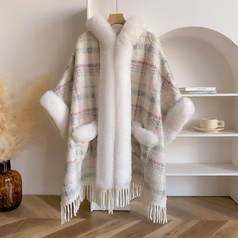 Poncho con Cappuccio a Quadri Donna Scialle Giacca Bordo in Pelliccia Sintetica Nappe Calda Giacca Invernale Pile Mantelle