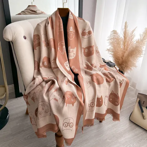 Funny Cartoon Cat Print Scarf Double Sided Shawl For Women Satin Tencel Cotton Tassel Warp Knitted Scarf Accessories Gift