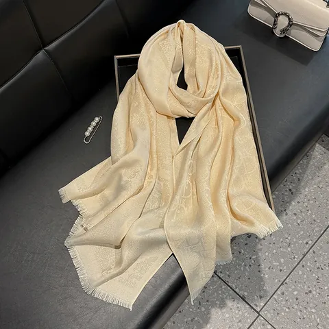 Women Luxury Satin Tencel Cotton Scarf Elegant Monogram Letter Jacquard Shawl With Metallic Thread Tassels Fashion Large Wrap