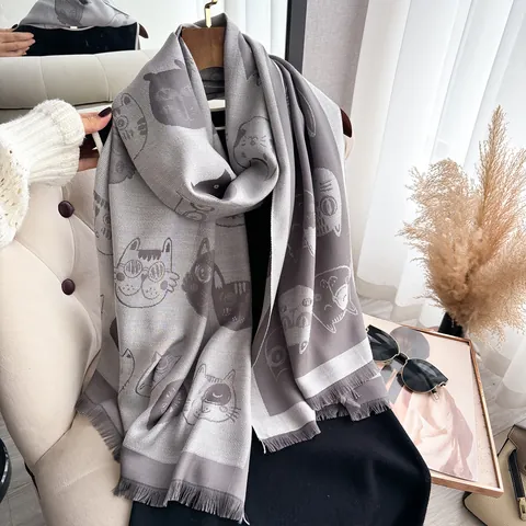 Funny Cartoon Cat Print Scarf Double Sided Shawl For Women Satin Tencel Cotton Tassel Warp Knitted Scarf Accessories Gift
