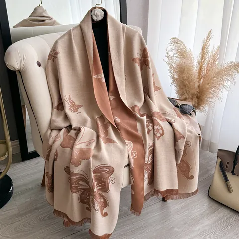 Women's Vintage Butterfly Print Tencel Cotton Scarf Elegant Long Shawl With Tassels Warm Soft Winter Pashmina Wrap For Ladies