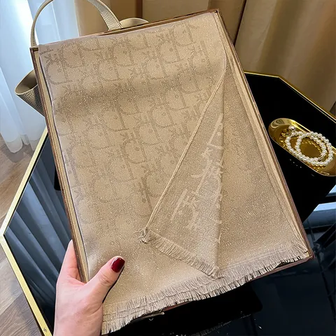 Women Luxury Satin Tencel Cotton Scarf Elegant Monogram Letter Jacquard Shawl With Metallic Thread Tassels Fashion Large Wrap