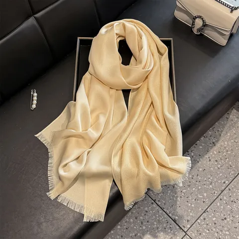 Women Shimmering Metallic Thread Satin Scarf Elegant Solid Color Long Shawl With Fringe Lightweight Soft Polyester Scarf Accessories