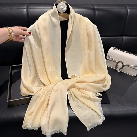 Women's Fashion Satin Jacquard Scarf Heart Bear Paw Print Pattern Long Shawl Tassel Wrap Lightweight Elegant Scarf