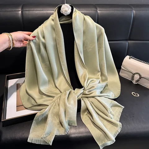 Women Fashion Satin Scarf Butterfly Floral Pattern Metallic Shimmer Long Shawl Sunshade Dustproof Wrap Beach Travel Scarf