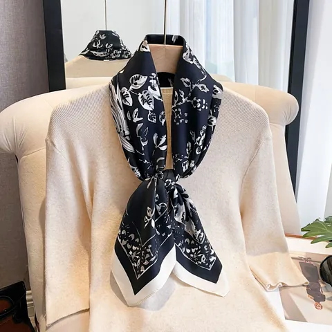 Women Elegant Botanical Floral Print Satin Square Scarf Silk Like Texture Sun Protection Beach Wrap Fashion Hair Accessory