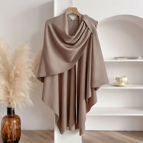 Women Casual Core-Spun Yarn Knitted Cloak Shawl Solid Color Asymmetric Wrap Scarf Soft Drape Poncho For Autumn Spring