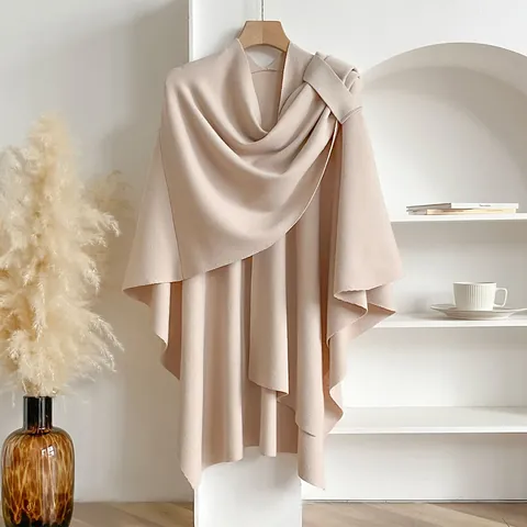 Women Casual Core-Spun Yarn Knitted Cloak Shawl Solid Color Asymmetric Wrap Scarf Soft Drape Poncho For Autumn Spring