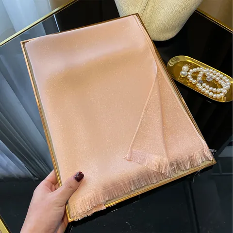 Women Shimmering Metallic Thread Satin Scarf Elegant Solid Color Long Shawl With Fringe Lightweight Soft Polyester Scarf Accessories