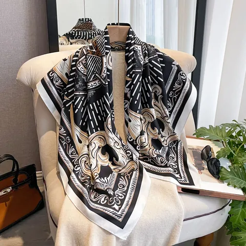 Women's Vintage Baroque Print Satin Square Scarf Elegant Geometric Striped Silk Like Shawl Fashion Multi Functional Hair Neck Wrap