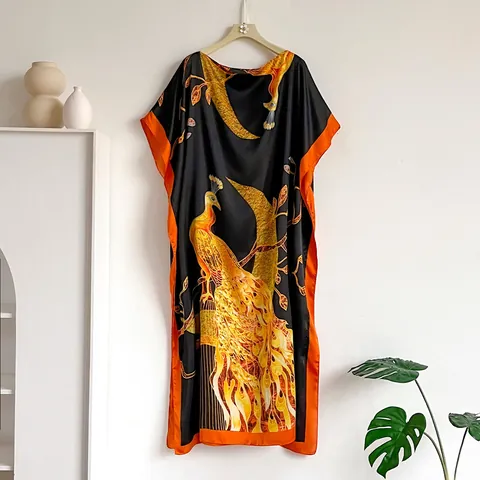 Women's Casual Satin Kaftan Dress Retro Ethnic Floral Printed Loose Batwing Sleeve Maxi Dress Summer Beach Vacation Robe