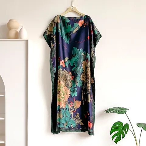 Women's Casual Satin Kaftan Dress Retro Ethnic Floral Printed Loose Batwing Sleeve Maxi Dress Summer Beach Vacation Robe