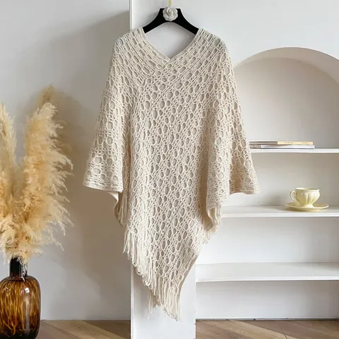 Women Vintage Knitted Hollow Crochet Shawl With Fringe V Neck Polyester Bohemian Style Poncho Wrap For Spring Autumn