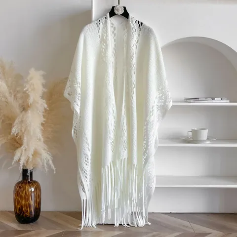 Women's Vintage Hollow Out Knitted Shawl With Tassels Solid Color Loose Poncho Wrap For Travel Beach Casual Fashion Outerwear