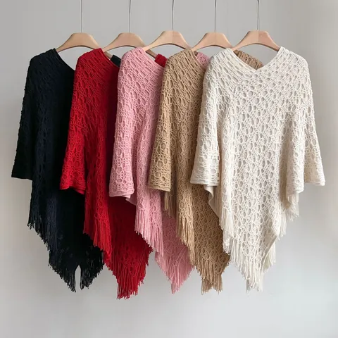 Women Vintage Knitted Hollow Crochet Shawl With Fringe V Neck Polyester Bohemian Style Poncho Wrap For Spring Autumn
