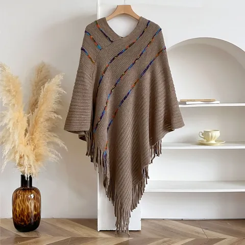 Poncho en Tricot Bohème Pour Femmes Avec Rayures Colorées Et Longues Franges Pull Châle Col En V Pour Automne Hiver