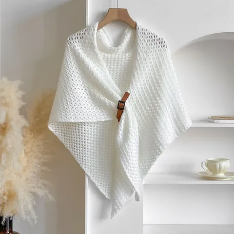Women's Hollow Out Knit Shawl Crochet Poncho Sun Protection Thin Wrap Cardigan With Leather Buckle Vintage Solid Color Cape